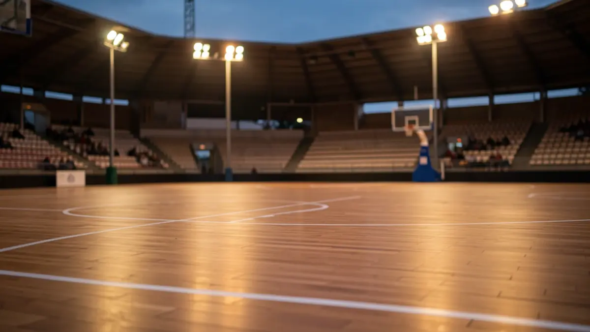 Imagen genérica de una cancha de baloncesto vacía en un estadio gallego al atardecer.