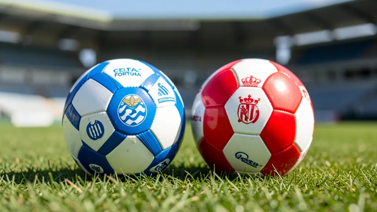 Dous balóns de fútbol, un do Celta Fortuna e outro do Pontevedra, sobre herba verde.
