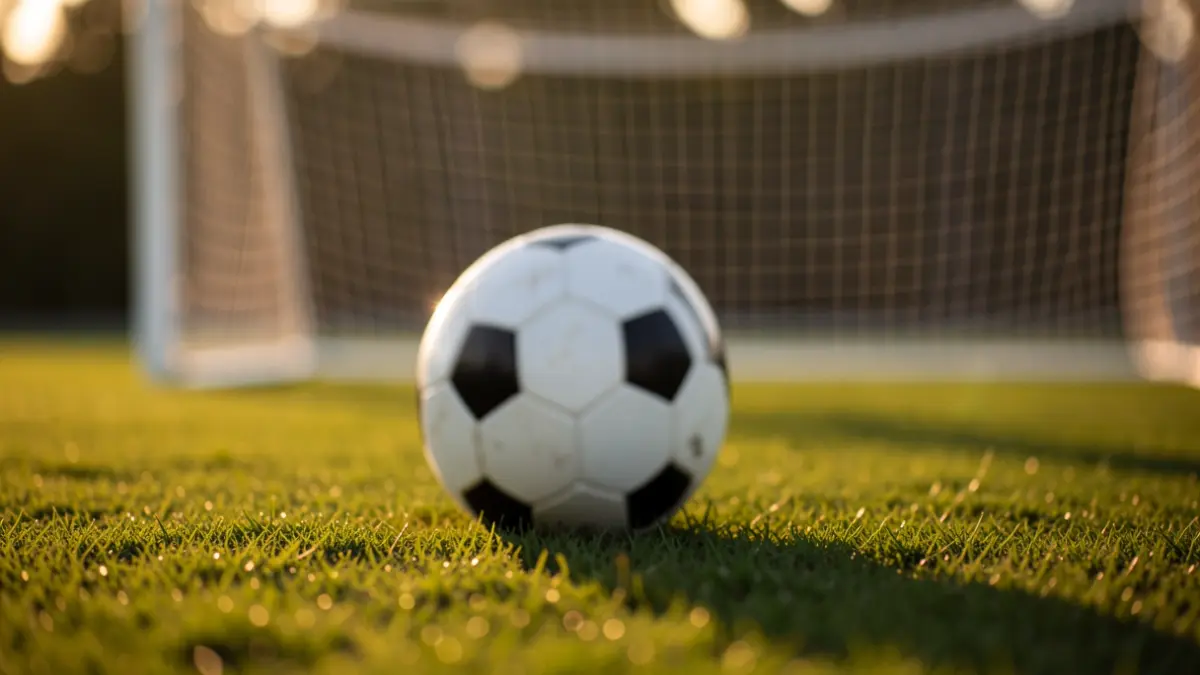 Imaxe xenérica dun balón de fútbol sobre herba verde, coa portería desenfocada ao fondo.