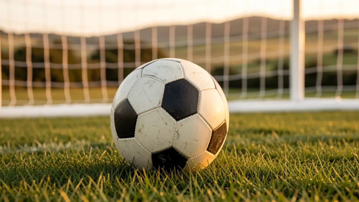 Imaxe xenérica dun balón de fútbol sobre herba cunha rede borrosa ao fondo.