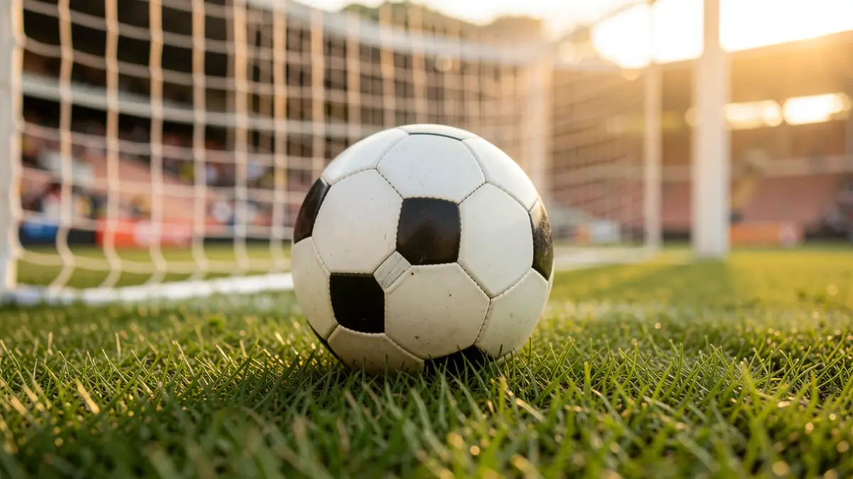 Imaxe xenérica dun balón de fútbol sobre o céspede dun estadio.