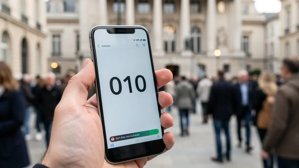 Imagen de una mano sujetando un teléfono móvil con el número 010 visible, con la fachada de un ayuntamiento difuminada al fondo.
