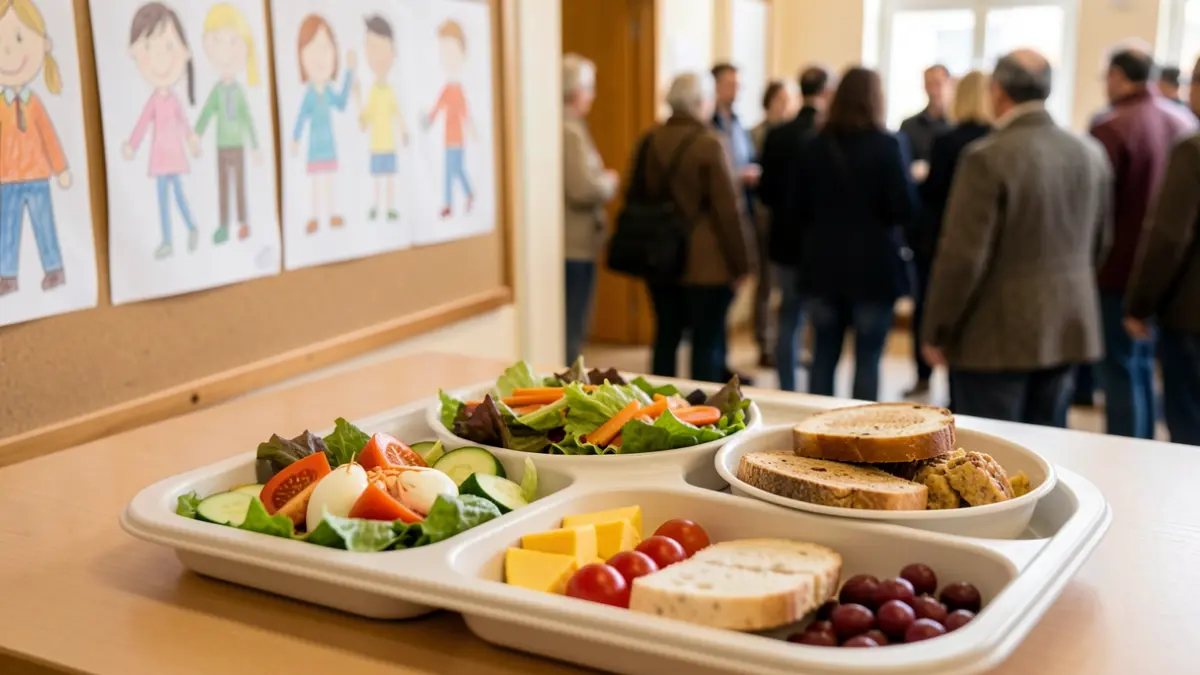 Imaxe xenérica dunha bandexa de comida escolar con debuxos infantís ao fondo.
