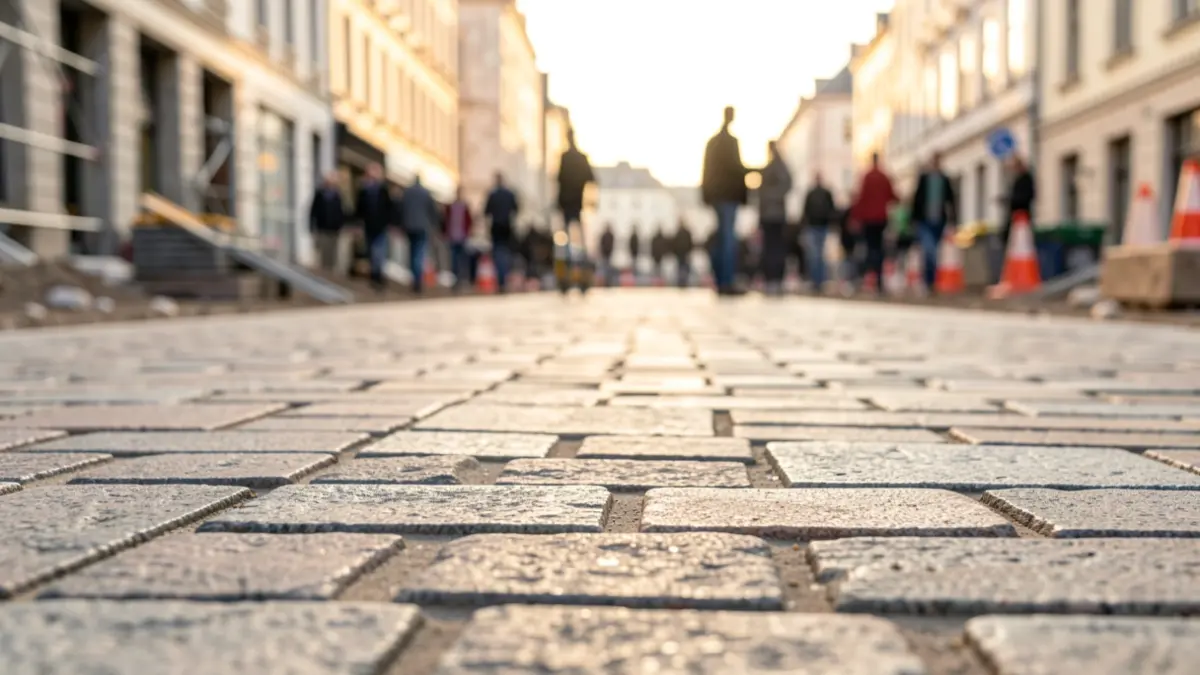 Imagen genérica de pavimentación urbana con granito y adoquines.