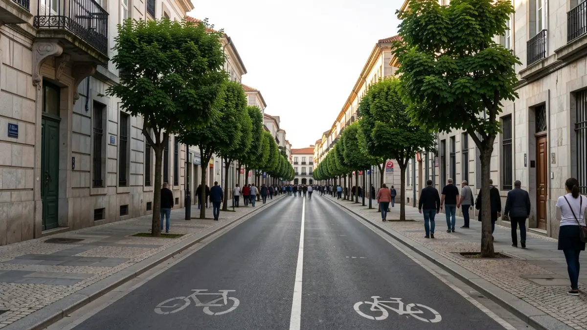 Imaxe xenérica dunha avenida ampla e baleira en Lugo, con edificios de granito e árbores.