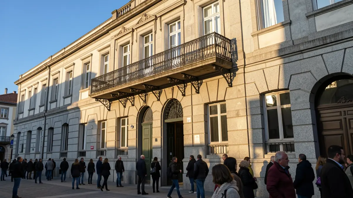 Imagen genérica del Ayuntamiento de Ourense con balcón de hierro y luz solar.