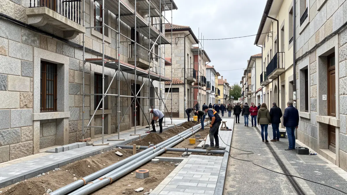 Imagen de una obra en la Rúa das Pereiras en Pontevedra, con trabajos de canalización y ampliación de la calle.