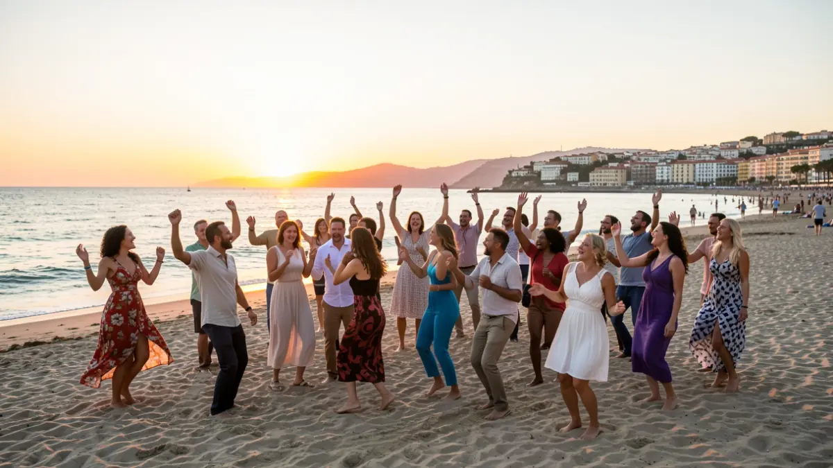 Persoas de diferentes idades bailando na praia ao atardecer.