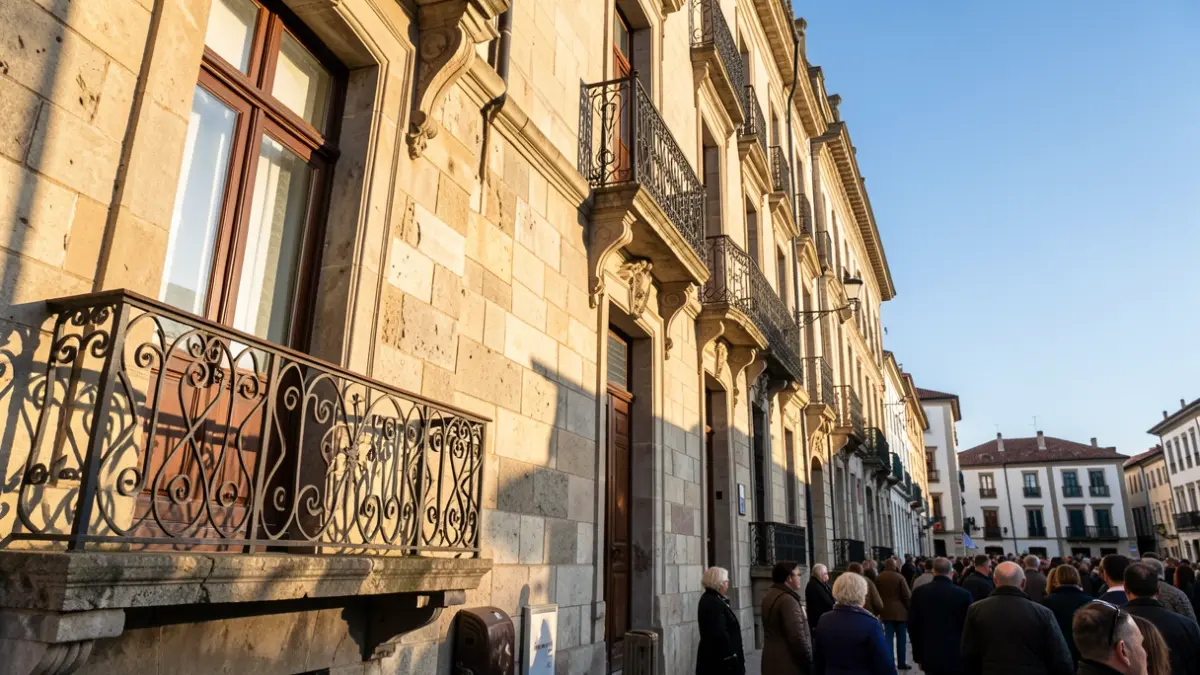 Imagen genérica de una fachada de ayuntamiento de piedra gallego con balcón de hierro, luz de tarde.