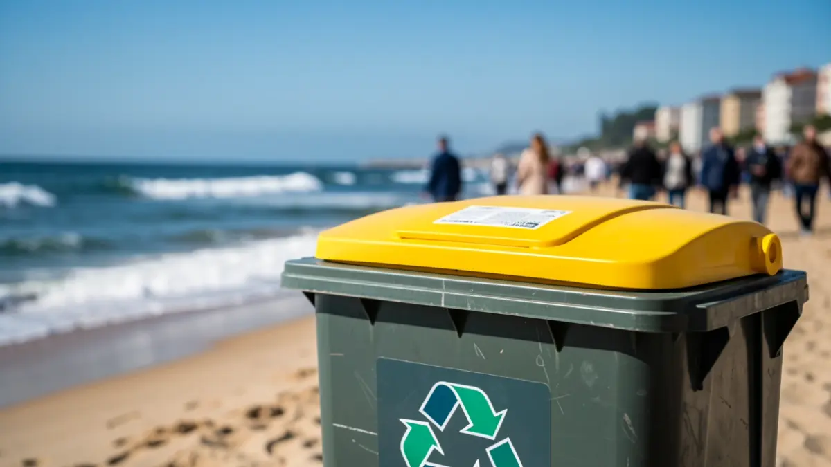 Imaxe xenérica dun colector de reciclaxe nunha praia.