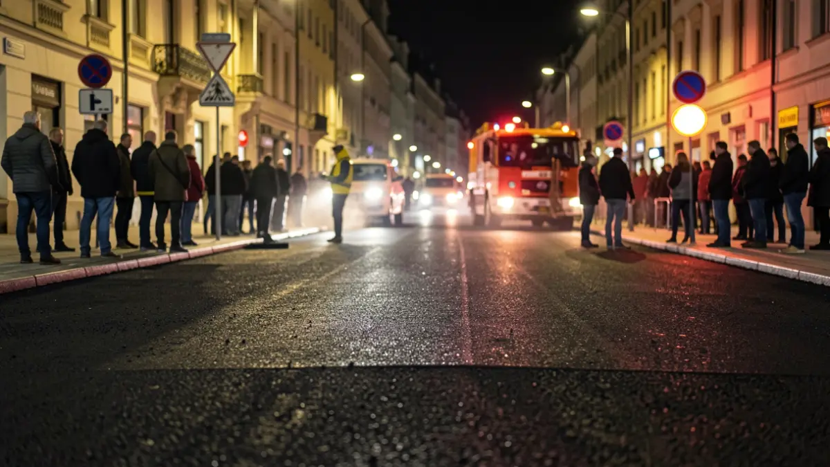 Imagen genérica de obras de asfaltado nocturno en la ciudad.