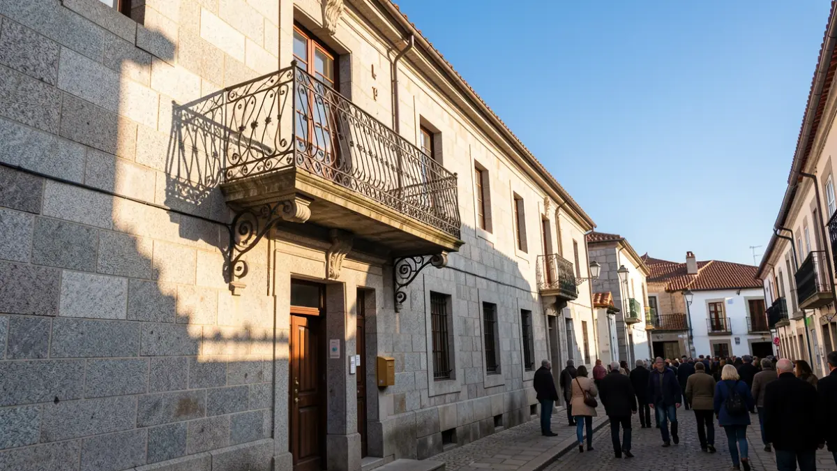 Imaxe xenérica dunha fachada de concello de pedra galego con balcón de ferro, á luz do sol da tarde.