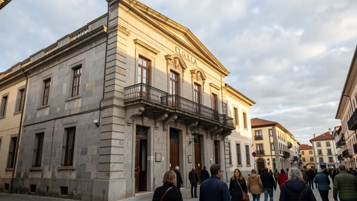 Imagen genérica de un ayuntamiento gallego de granito con balcón y cielo nublado.