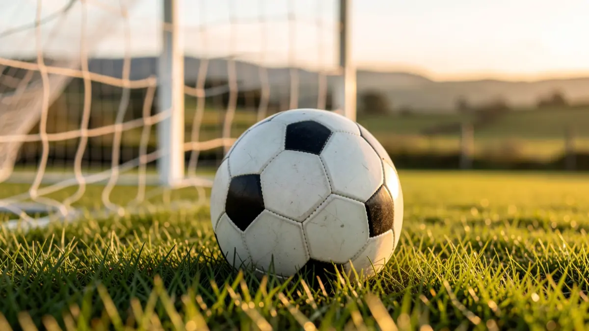 Imagen genérica de un balón de fútbol sobre césped con una portería desenfocada al fondo.