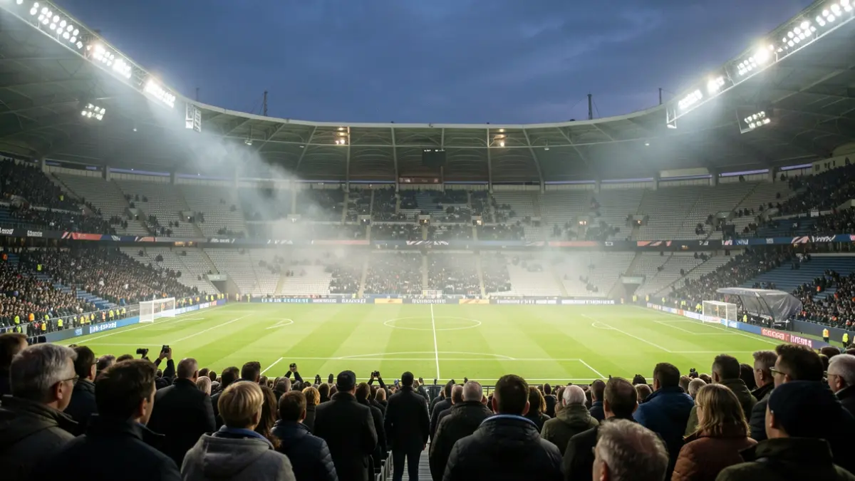 Imaxe xenérica dun estadio de fútbol baleiro pola noite.