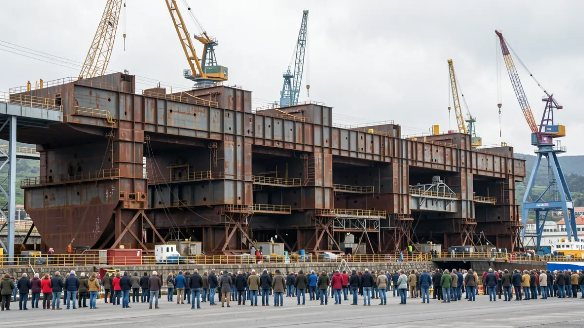 Vista industrial del astillero de Ferrol durante la construcción de buques militares.