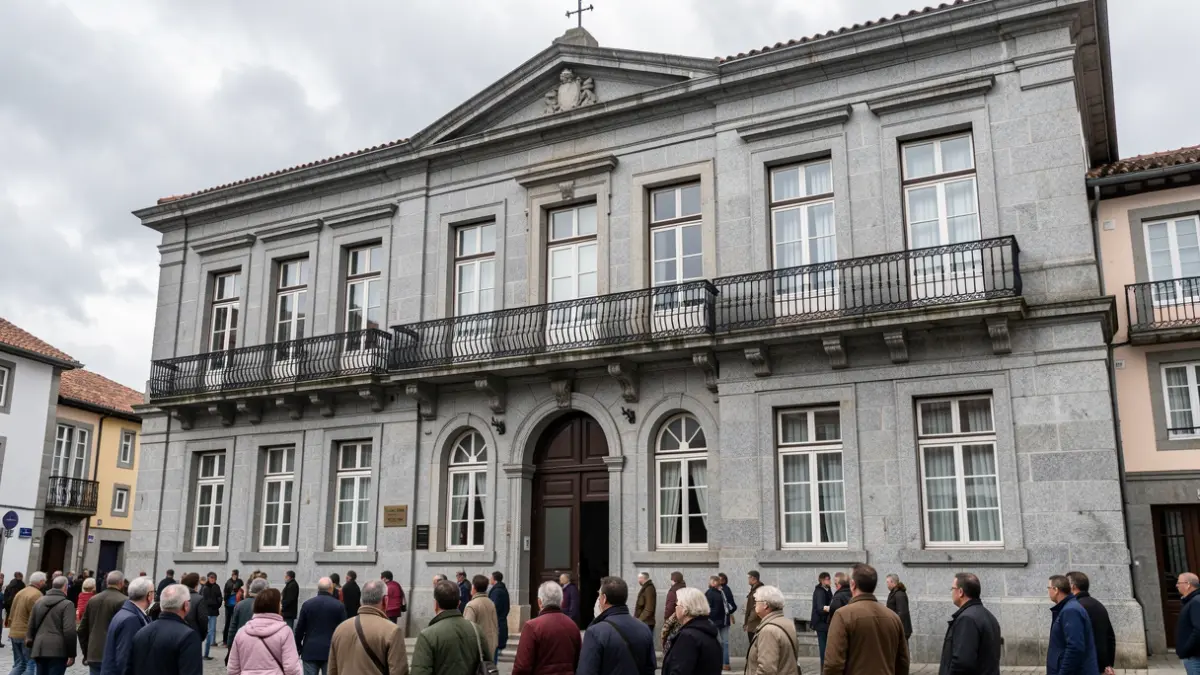 Imagen genérica de un ayuntamiento gallego de granito con balcones de hierro.