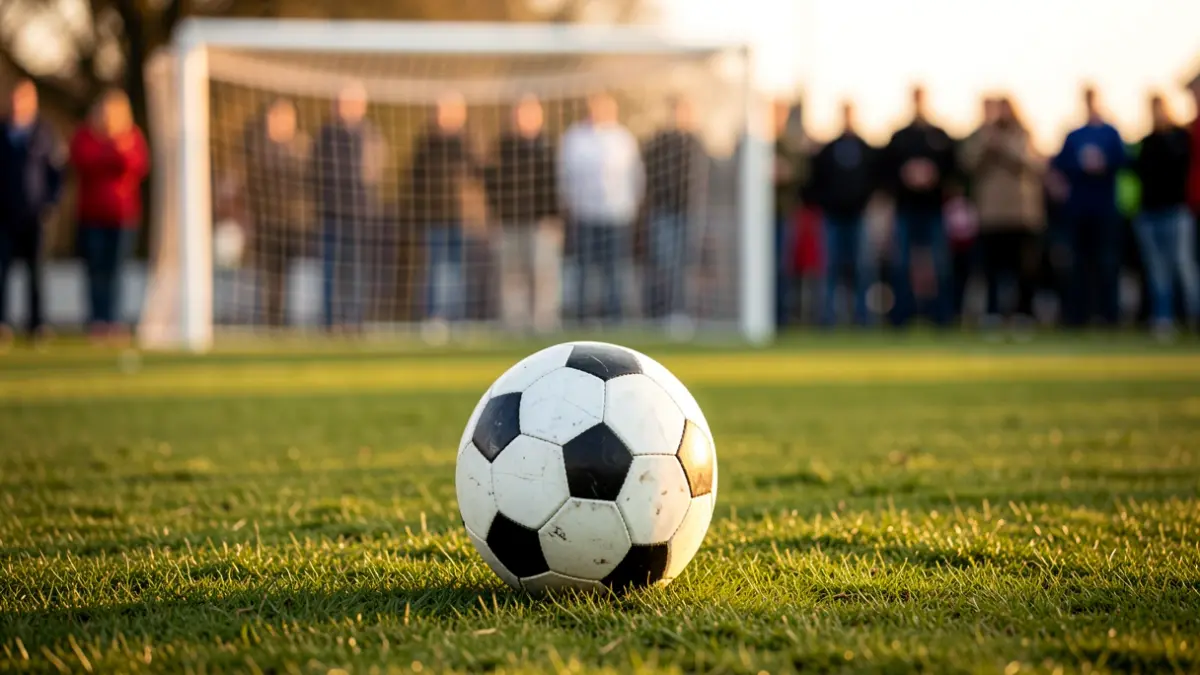 Imaxe xenérica dun balón de fútbol sobre herba cunha portería desenfocada ao fondo.
