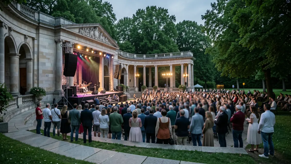 Imaxe xenérica dun auditorio ao aire libre nun parque con escenario preparado para un festival de música.