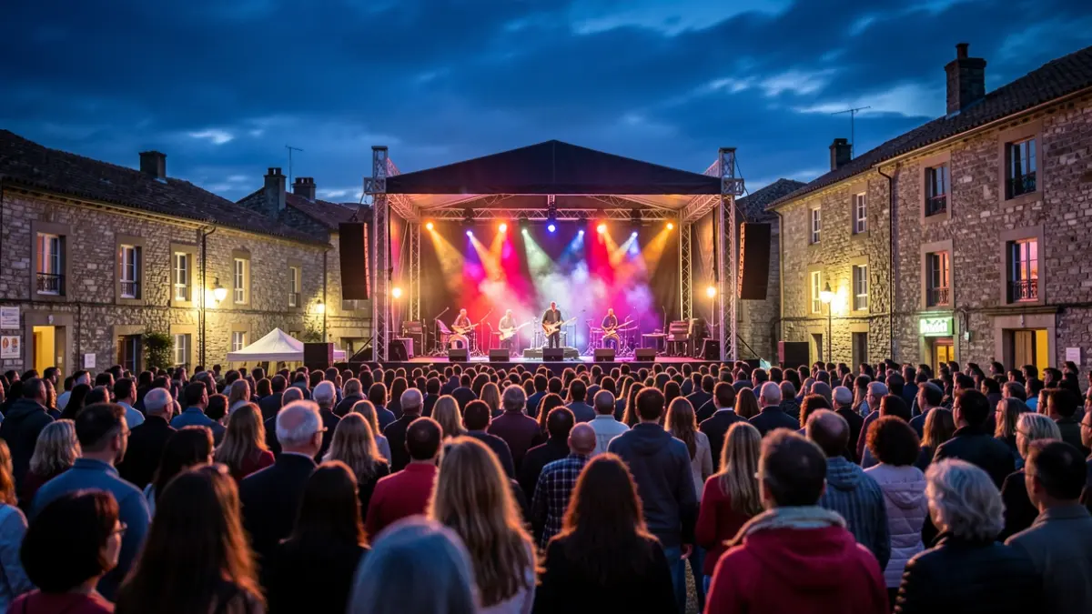 Imaxe xenérica dun festival de música ao aire libre en Galicia con luces de escenario e público difuminado.