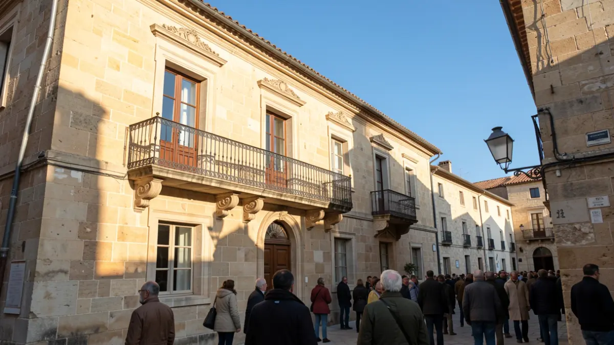 Fachada de pedra dun edificio histórico en Ortigueira durante unha xornada de verán.