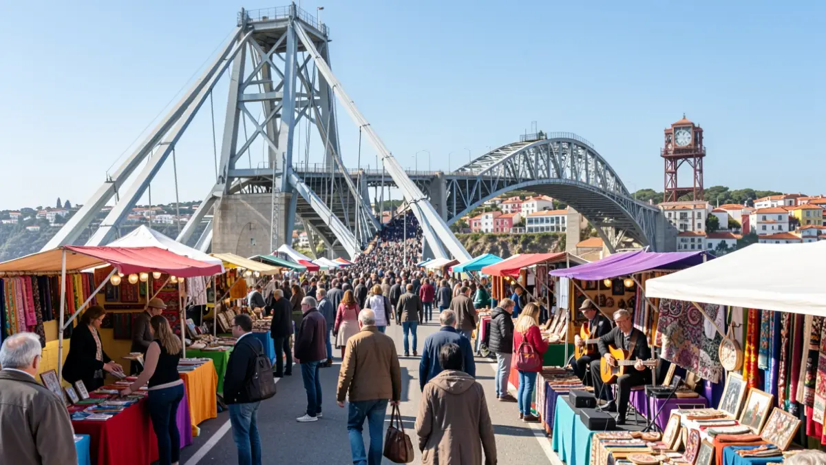 Imaxe xenérica dunha ponte internacional convertida nun mercado de arte e música.