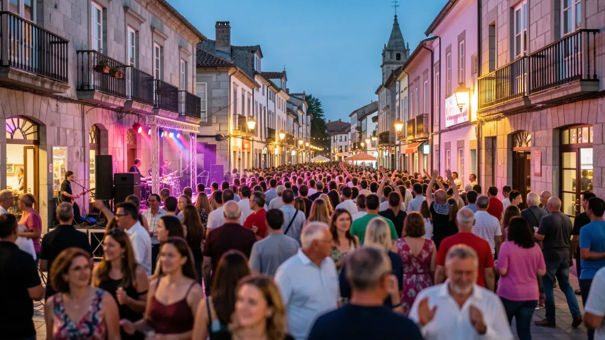 Imaxe xenérica dun festival urbano en Galicia con xente e luces.