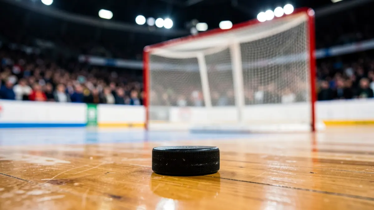 Primeira imaxe dun disco de hockey sobre madeira pulida.