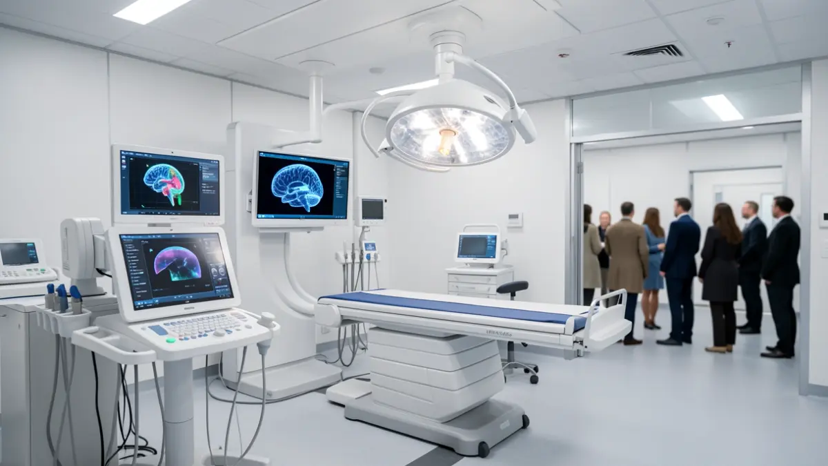 Imagen de una sala de radiología moderna con tecnología 3D e inteligencia artificial.