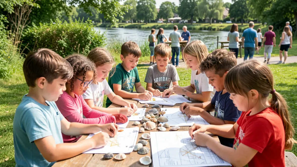 Niños y niñas participando en un taller sobre profesiones del mar en un área recreativa.