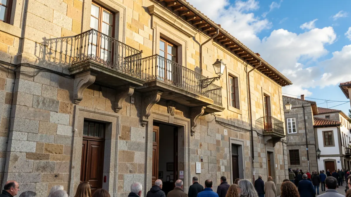 Imagen genérica de un ayuntamiento de piedra gallego con balcón de hierro.