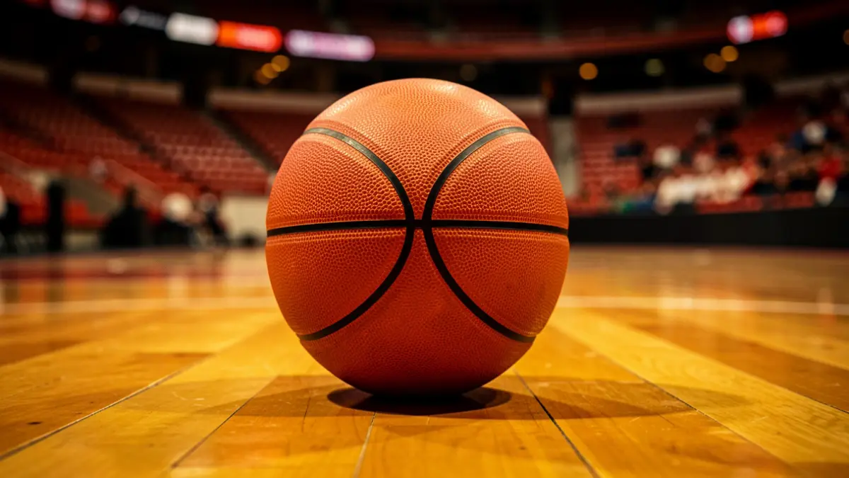 Imaxe xenérica dun balón de baloncesto sobre unha pista de madeira.