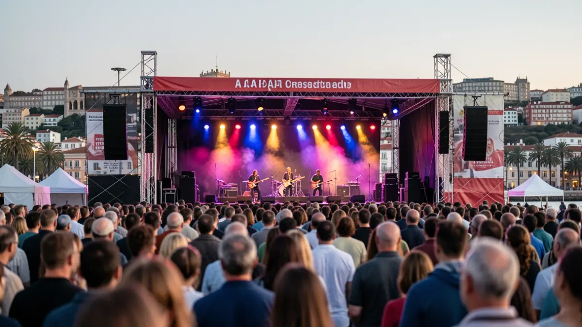 Imagen de un festival de música al aire libre en A Coruña al anochecer, con luces de escenario y público difuminado.