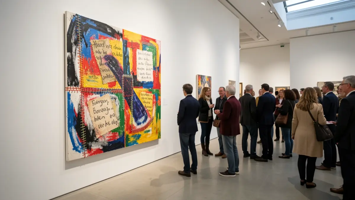 Imagen de una pintura abstracta con elementos de escritura y costura en una galería de arte.