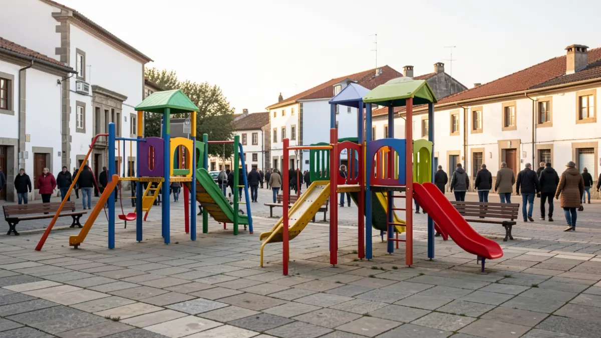 Imaxe dun parque infantil con estruturas de xogo nunha contorna urbana.