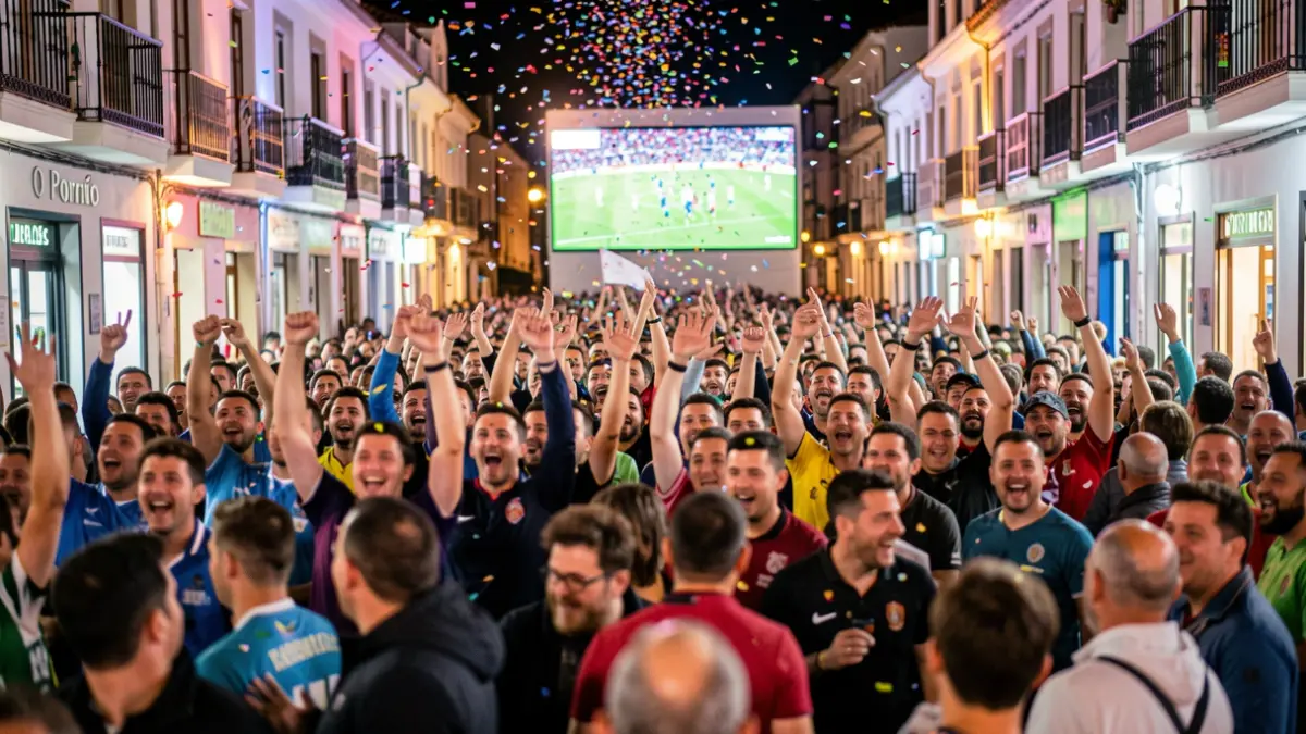 Multitude de afeccionados celebrando unha vitoria nunha pantalla xigante na rúa Domingo Bueno do Porriño.