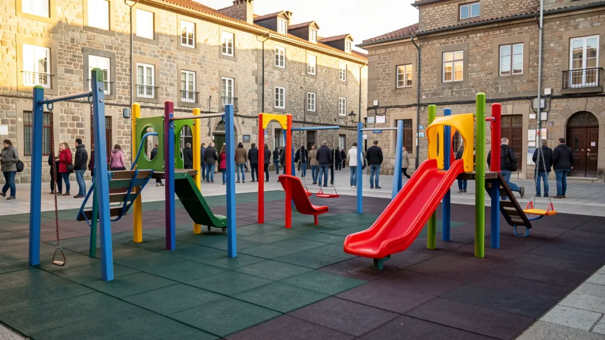 Imagen de un parque infantil público con elementos de juego modernos y suelo amortiguador.