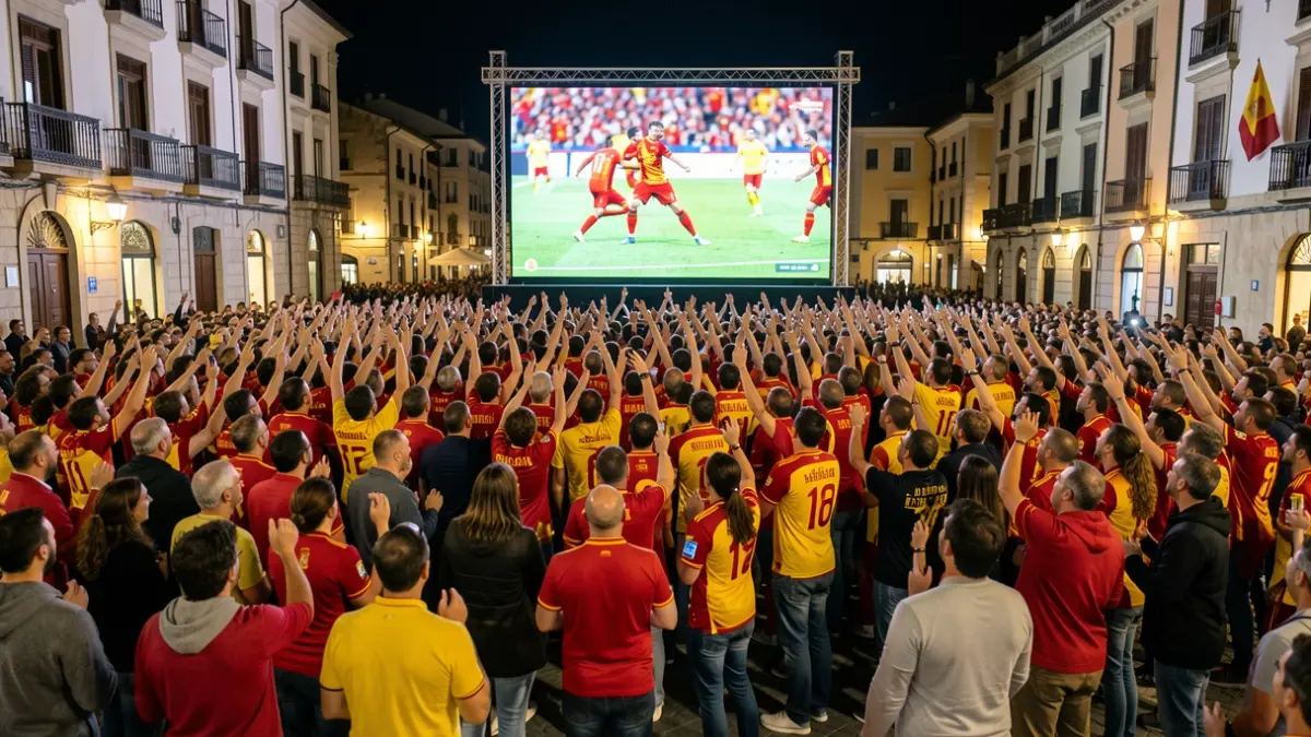 Multitude xuntada na praza do Concello do Porriño para ver a final do Mundial de Fútbol.