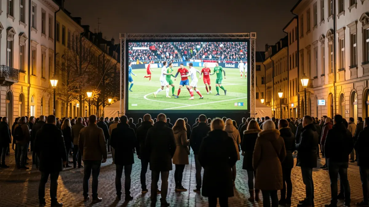 Pantalla xigante na Praza do Concello do Porriño para ver o partido de fútbol.