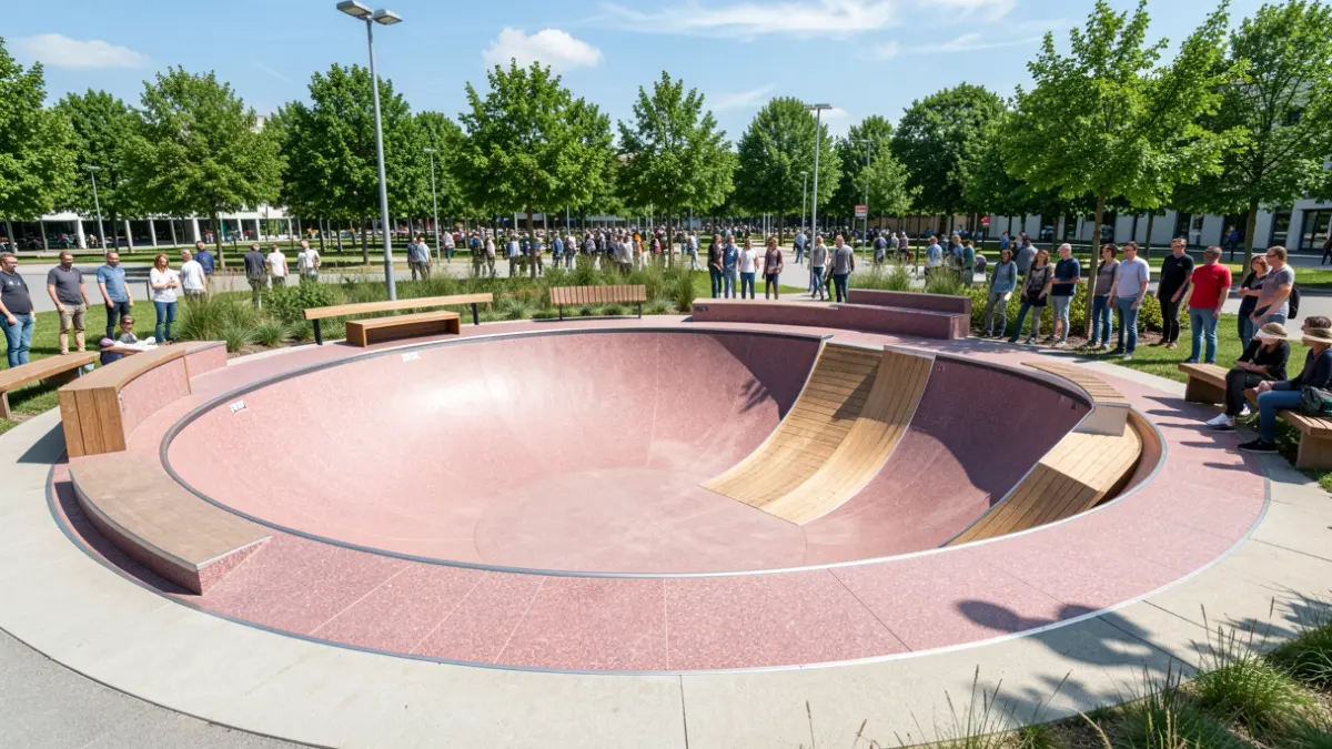 Imagen de un nuevo skatepark y pumptrack en O Porriño, inspirado en el "Halcón Milenario" y construido con granito rosa.