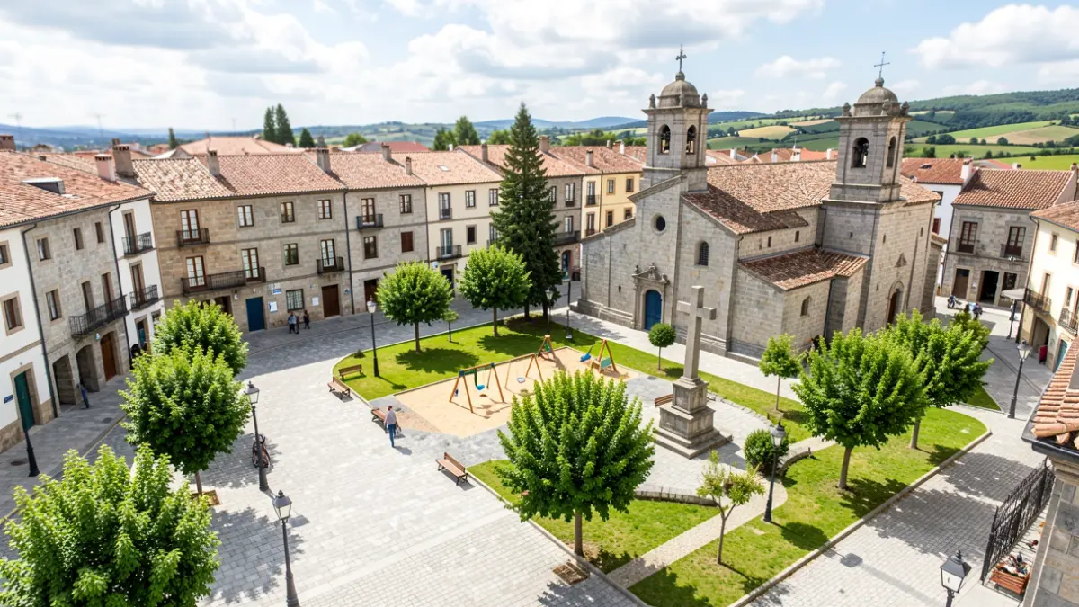 Vista aérea de una plaza renovada en O Porriño con zonas verdes y un cruceiro.