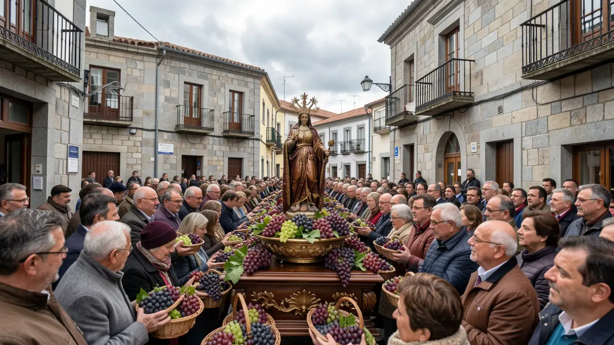 Imagen genérica de una procesión religiosa tradicional gallega con gente ofreciendo uvas.