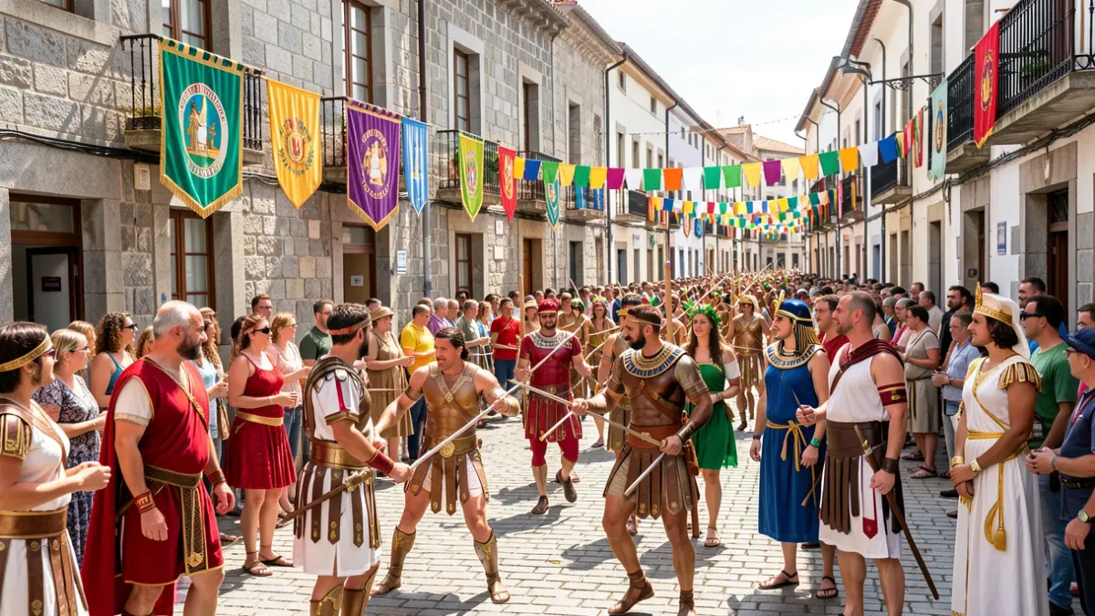 Imagen de una calle de O Porriño durante la fiesta Porrigalia, con gente caracterizada de antiguas civilizaciones y actividades lúdicas.