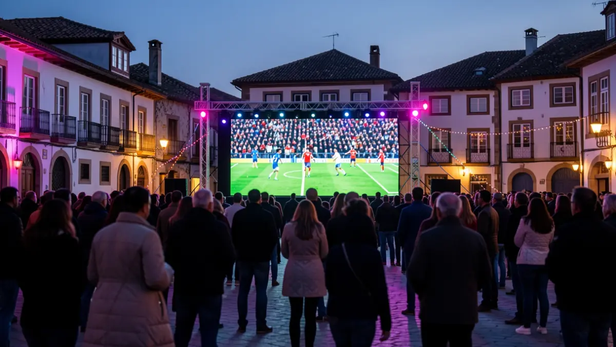 Imaxe xenérica dunha pantalla xigante instalada nunha praza para ver un partido de fútbol.