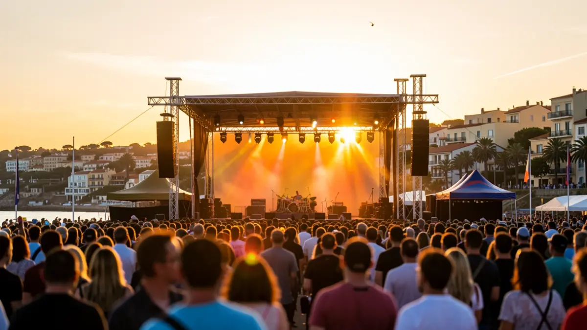 Imagen de un festival de música al aire libre en una villa costera durante el atardecer.