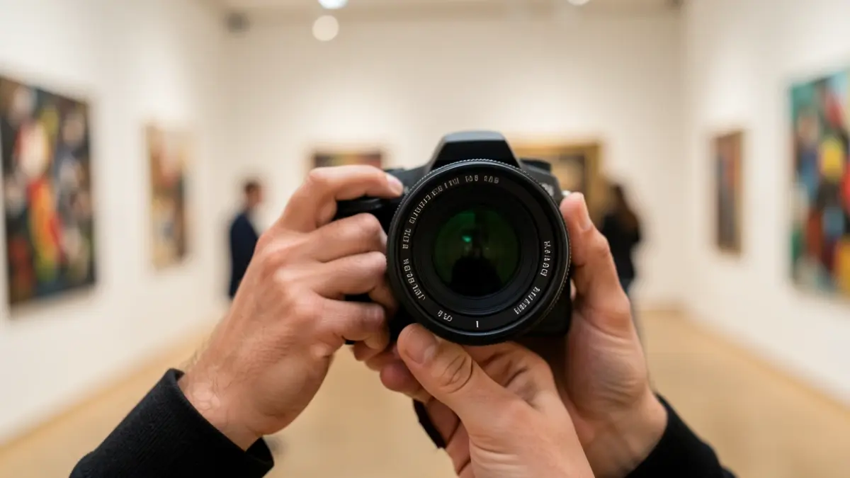 Primer plano de una mano ajustando una lente de cámara en una galería de arte contemporánea.