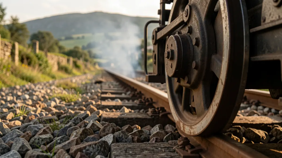 Primeiro plano dunha roda de tren sobre as vías, con fume ao fondo nunha paisaxe rural galega.
