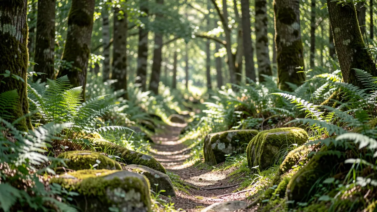 Imagen genérica de un sendero frondoso en un bosque gallego con luz solar filtrada.