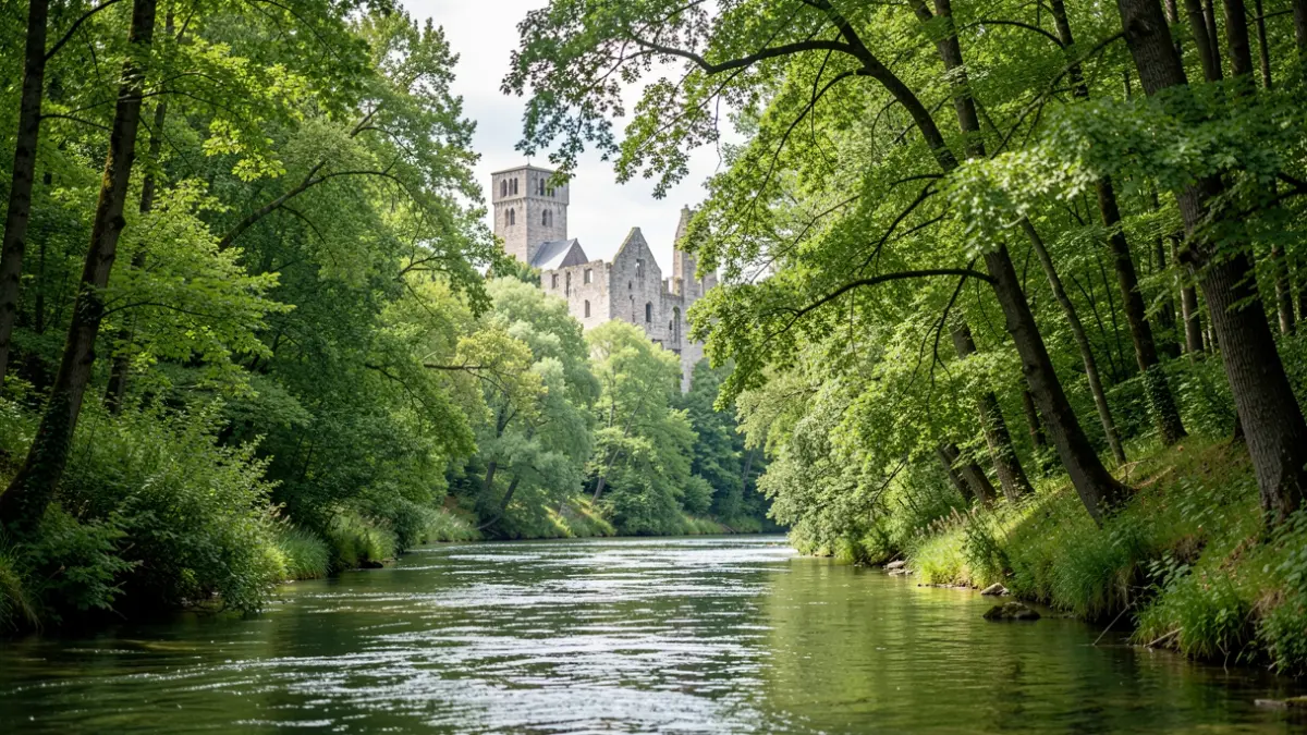 Imagen genérica de bosque frondoso con ruinas de monasterio antiguo.