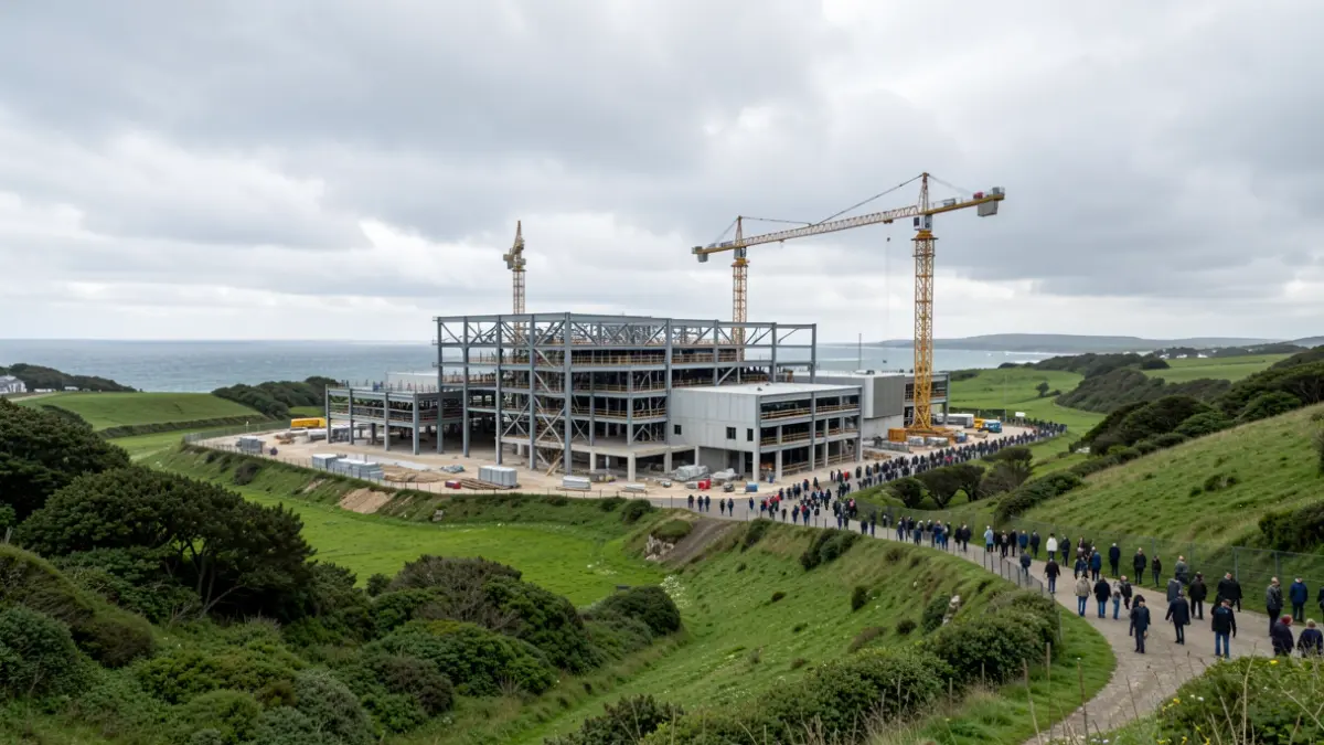 Imagen de un complejo industrial en construcción en un valle verde.